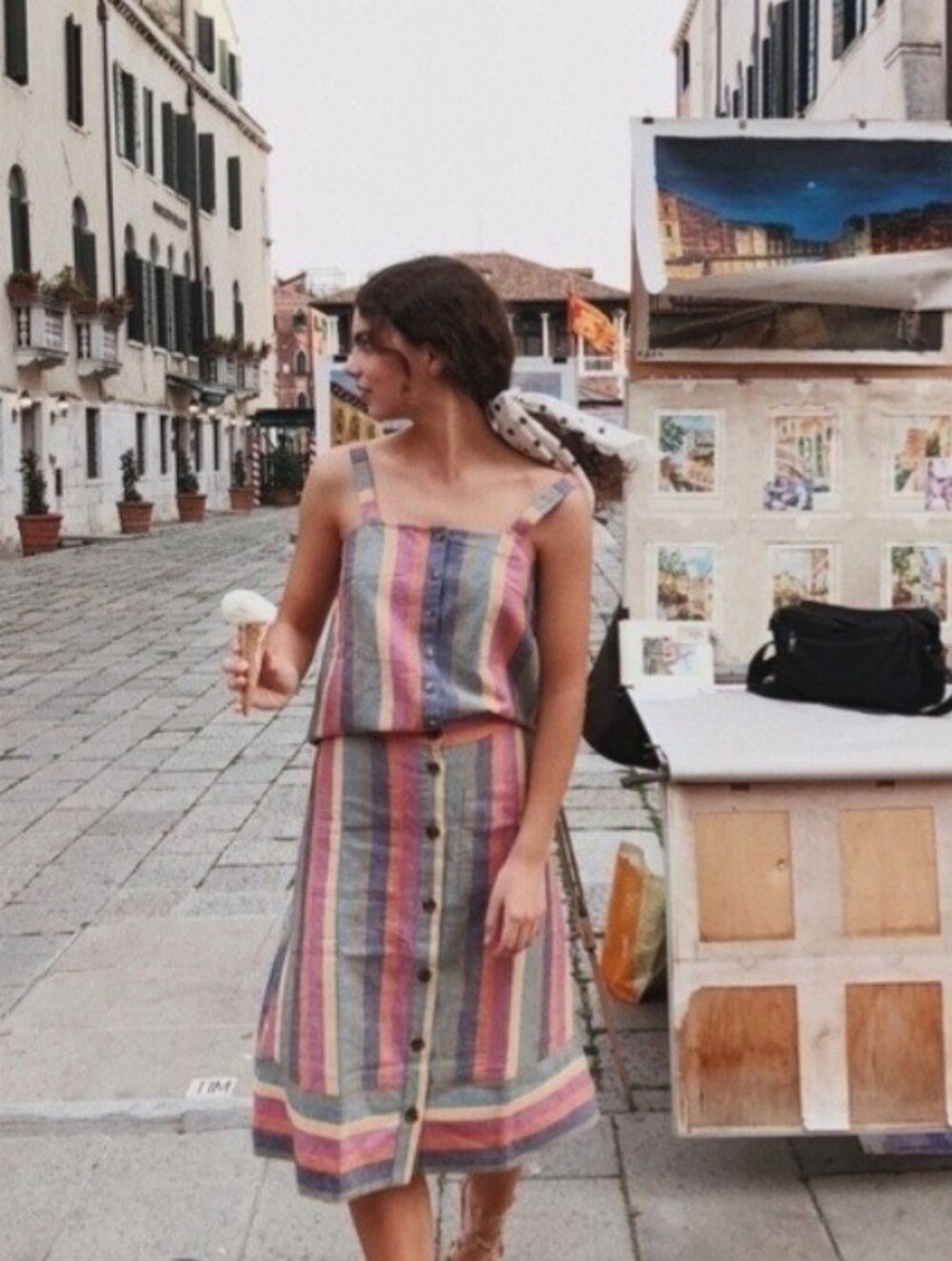 Madewell Rainbow Striped Midi Skirt Size 6 Linen Cotton A-Line